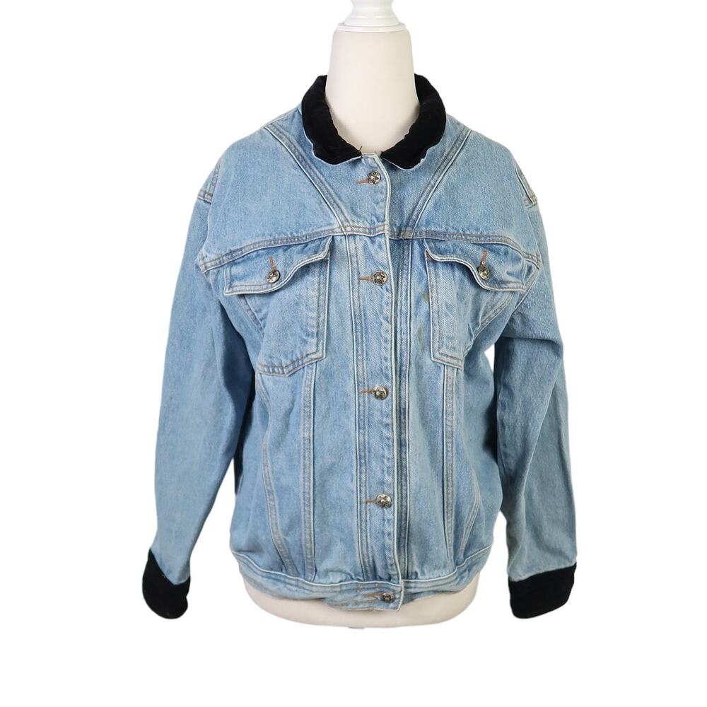 Vintage 90s Sunbelt Denim light wash blue jean jacket black velvet trim L